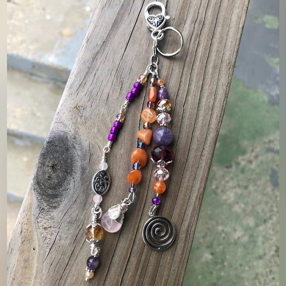 Red Aventurine Rose Quartz Mixed Crystal Gemstone Beaded Purse Charm Keychain - Picture 9 of 17